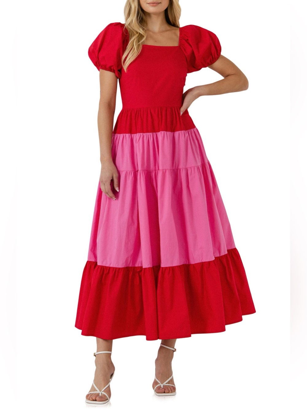 English Factory Red Pink Colorblock Puff Sleeve Cotton Midi Maxi Dress M